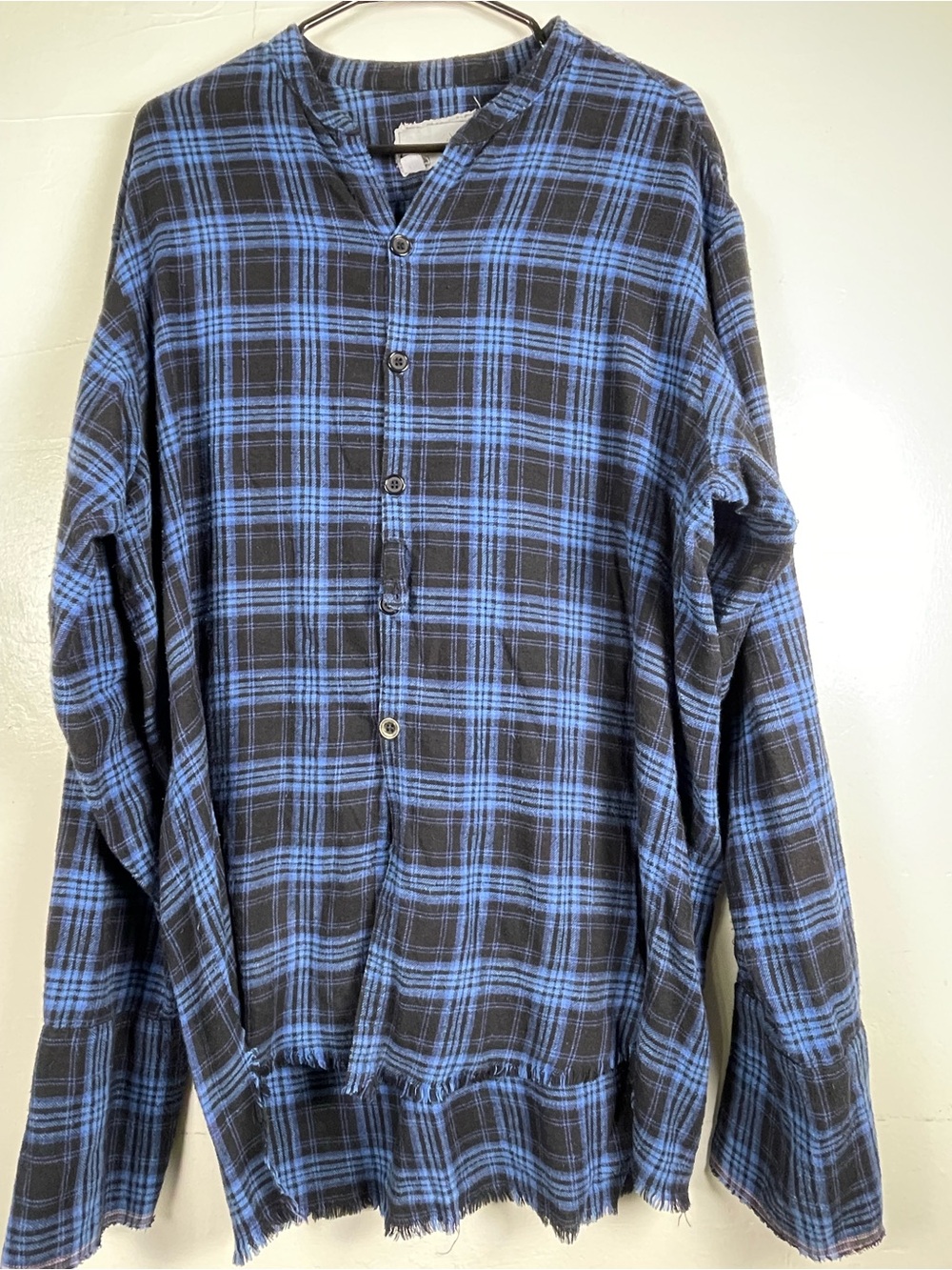 Greg Lauren Deconstructed Blue Plaid Frayed Flannel Band Collar Shirt Sz 4